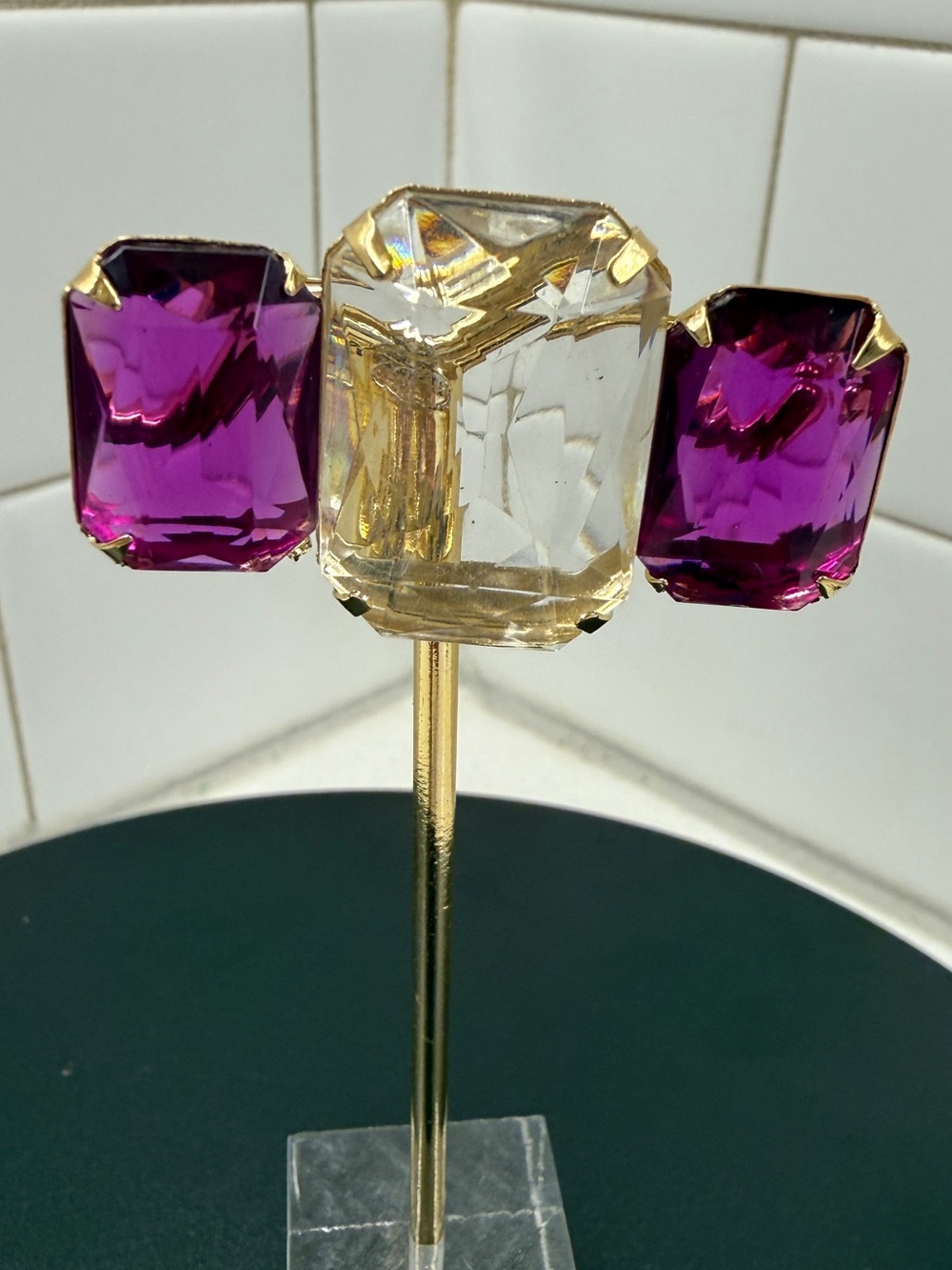 Avon Gold-Tone Brooch with Purple and Clear Stones